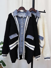 Denim Contrast Color Block Cardigan