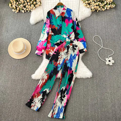 Multicolor Shirt+Pants Pleated Set