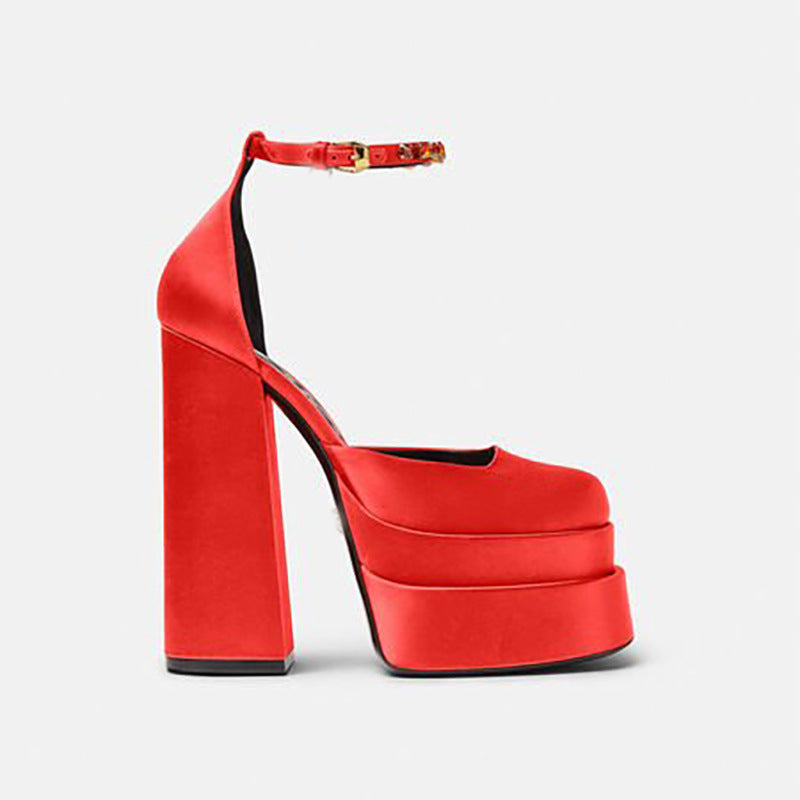 Chunky High Heel Square Toe Satin Sandals