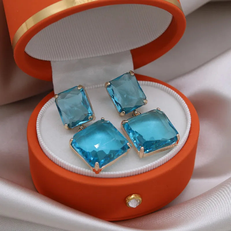 Double Square Crystal Pendant Drop Earrings