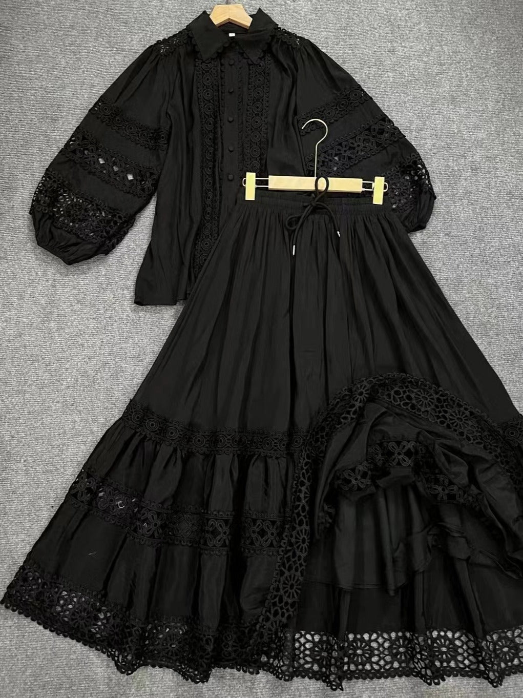 Collar Splicing Lace Lantern Sleeve Top + Skirt