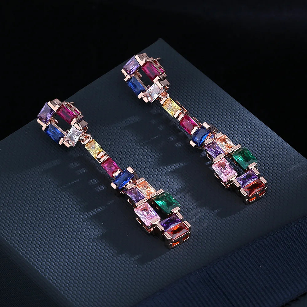 925 Silver Needle Colorful Zircon Stones Long Earrings