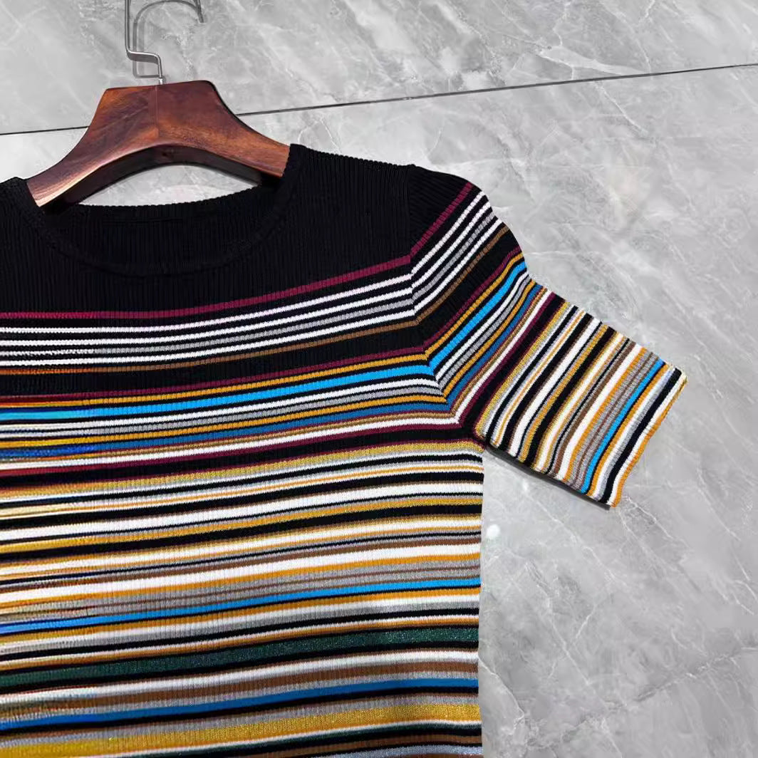 Color Stripes Round Neck Short Sleeved Knitted Dress