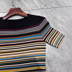 Color Stripes Round Neck Short Sleeved Knitted Dress