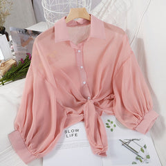 Casual Chiffon Waist Tie Shirt