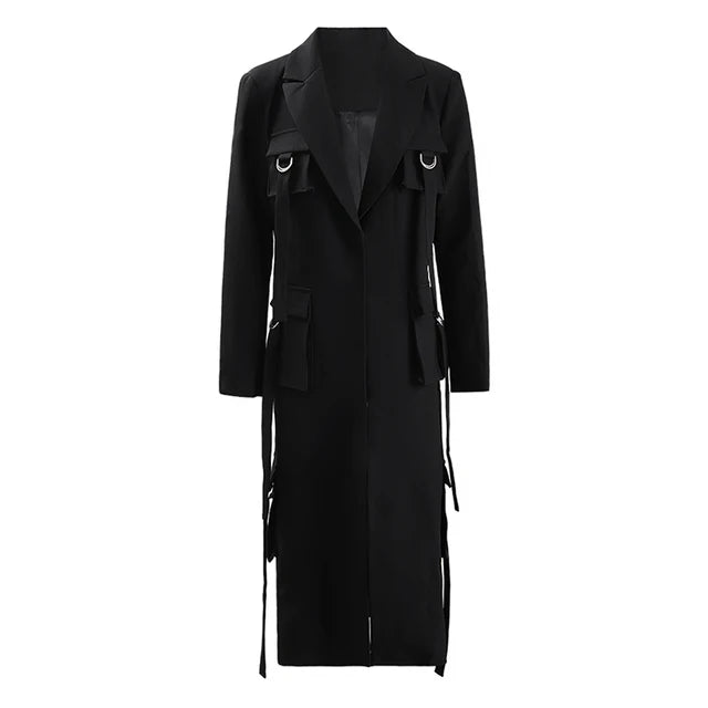 Multi Pockets Lapel Covered Button Trench Coat