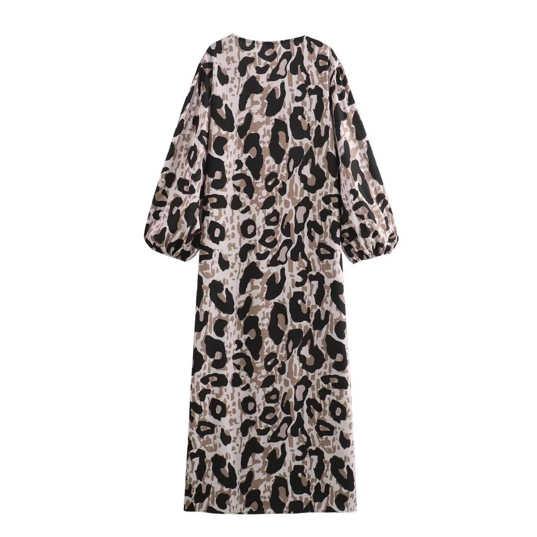 Animal Print Loose V-Neck Long Sleeved Dress