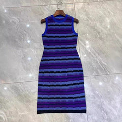 Sleeveless Striped Waist Cinching Jacquard Knitted Dress