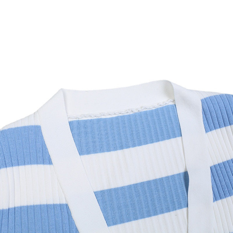 Striped Double Row Metal Button Loose Cardigan