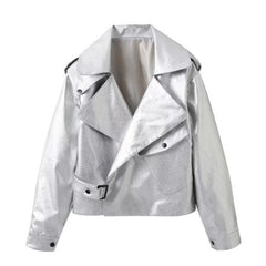 Silver Oversized PU Leather Jacket