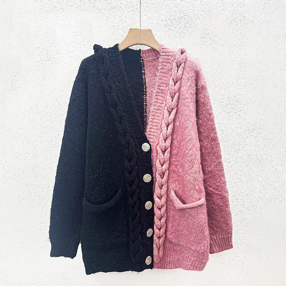 Color Block Pocket Splice Thicken Knit Cardigan