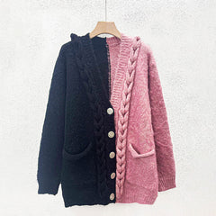 Color Block Pocket Splice Thicken Knit Cardigan