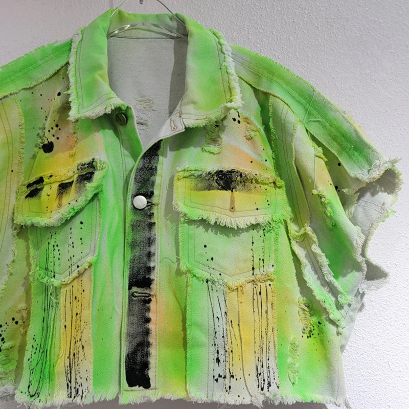 Hand-Painted Short Loose Denim Vest