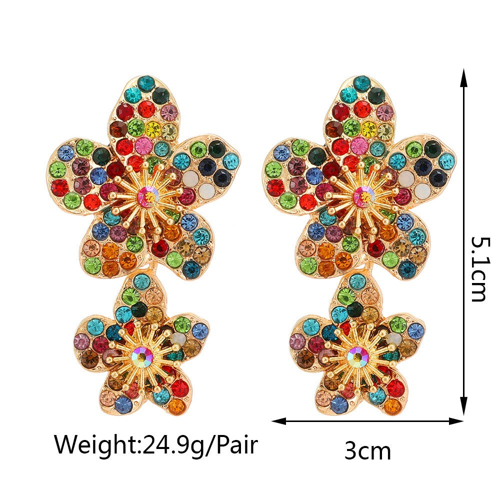 Double Flower Diamond Retro Earrings