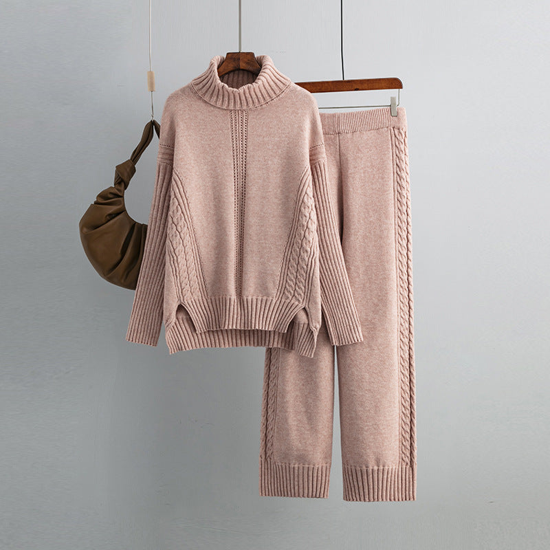 Casual Thick Turtleneck Knit Sweater + Wide Leg Knit Pants