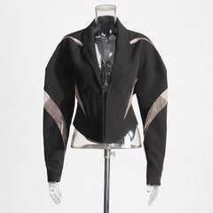 Mesh Splicing Curved Hem Long Sleeve Blazer