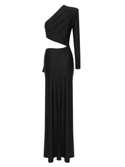 Pre Order:  Black Hollow Out Waist One Shoulder Maxi Dress