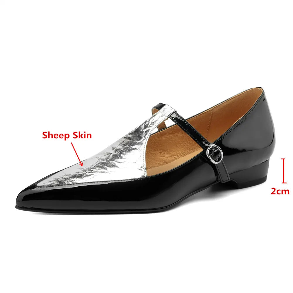 Pointed Toe Sheep Skin Splicing Buckle Strap Shoes