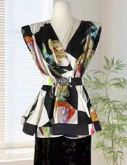 Solid V-Neck Waist Cincher Top