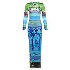 Abstract Slim Fit Long Sleeved Dress