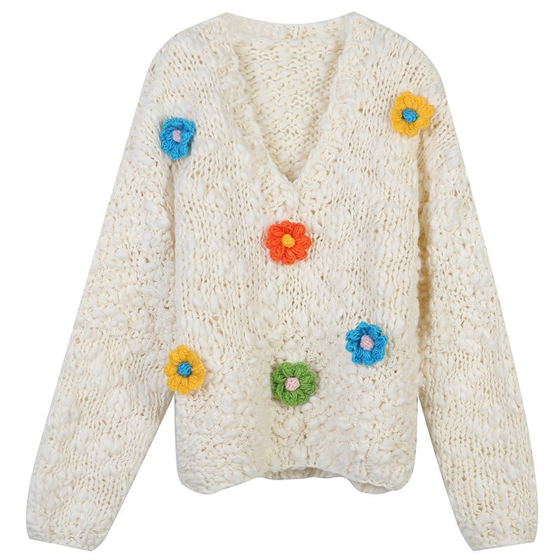 Hook Flower Loose V-Neck Knitted Sweater