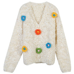 Hook Flower Loose V-Neck Knitted Sweater