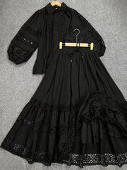 Collar Splicing Lace Lantern Sleeve Top + Skirt