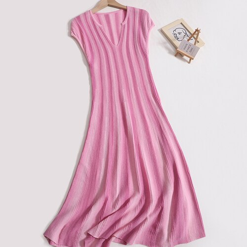 Elegant Solid Stripe Long Dress