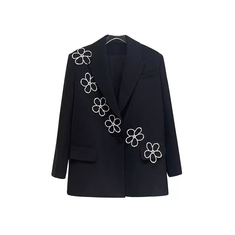 Retro Pearl Flower Embellished Blazer