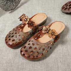 Women Vintage Floral Hollow Leather Slippers