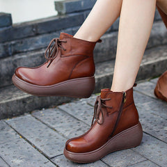 Cozy Platform Leather Solid Lace Up Women Boots