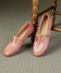 Boutique Pink Cowhide Leather Splicing Flat Shoes Buckle Strap