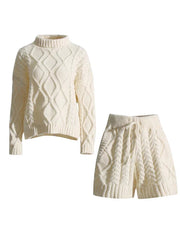 Turtleneck Sweater Tie-Waist Shorts Cableknit Set