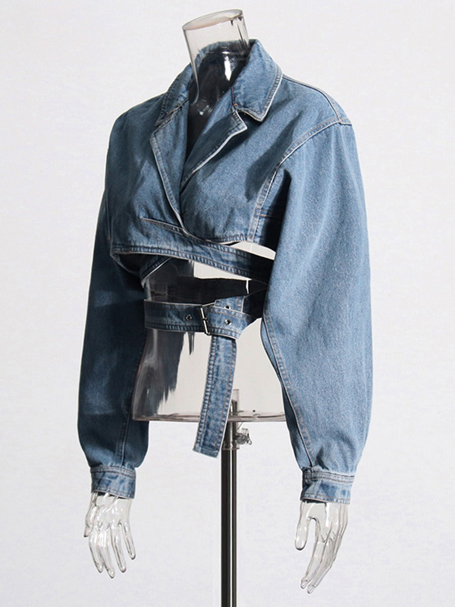 Cross Layered Hollow Waist Denim Jacket