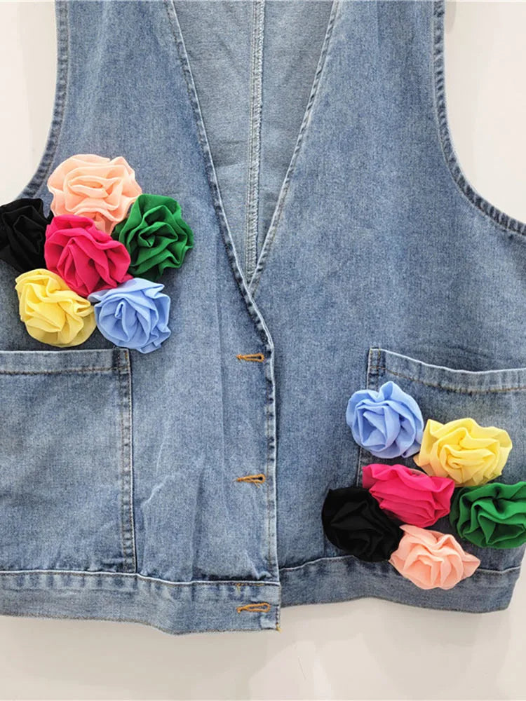 Denim Waistcoat Spliced Flowers Loose Vest