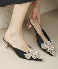 Elegant Splicing High Heel Blue Slide Sandals Nail Bead Pointed Toe