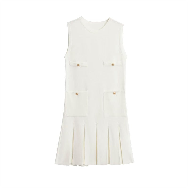 Knit Wide Pleated Button Mini Dress
