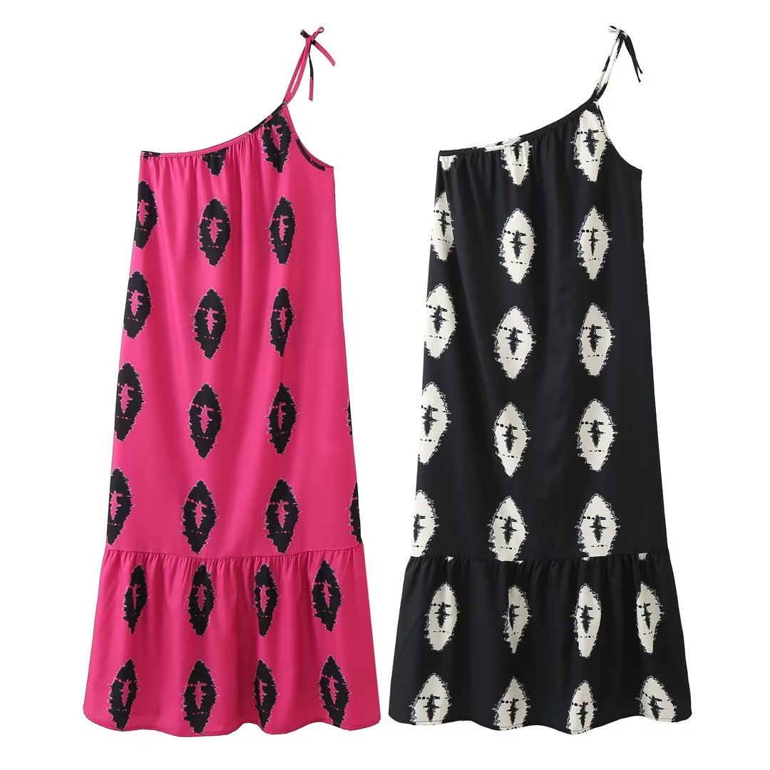 Asymmetric Neckline Printed Midi Dress