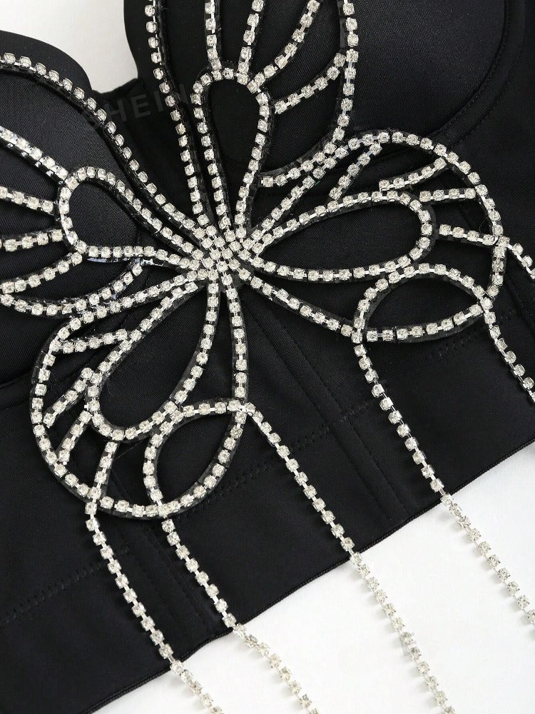 3D Butterfly Rhinestone Hand Beaded Tassel Camisole