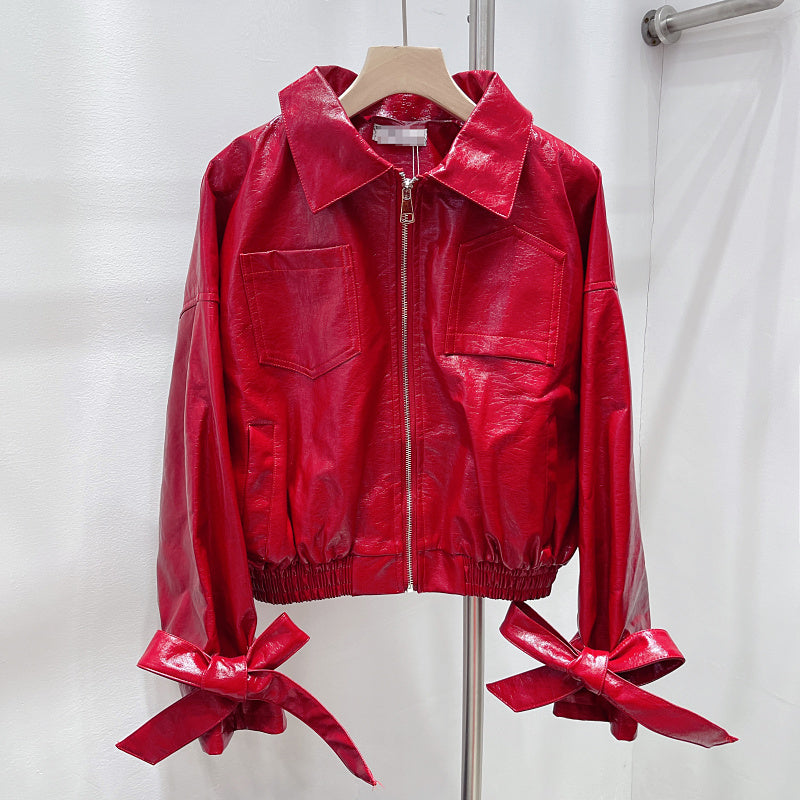Zip Up PU Leather Solid Color Motorcycle Jacket