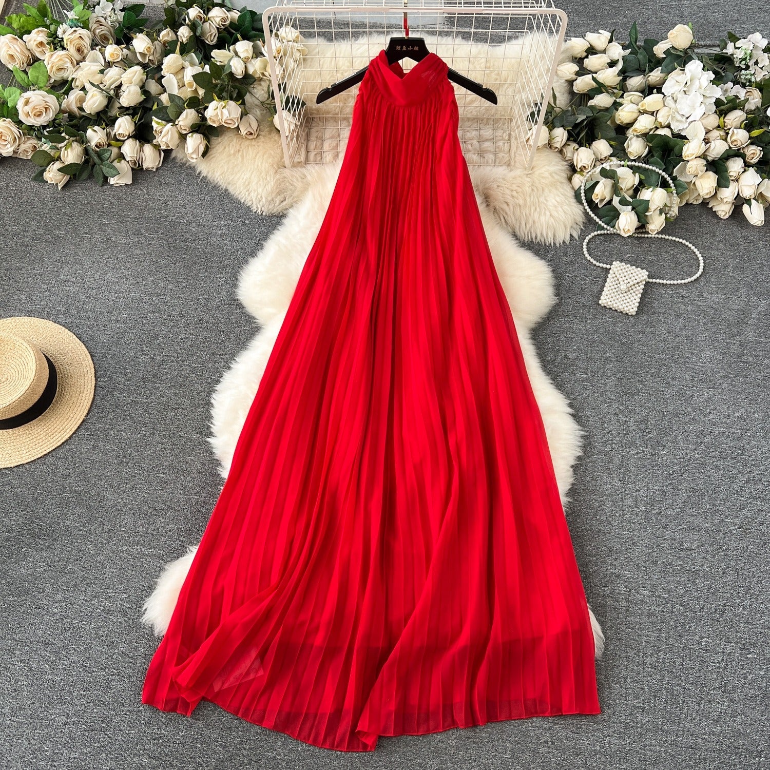 Red Chiffon Hanging Neck Midi Dress