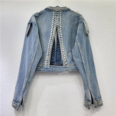 Pearl Studded Diamond Fringed Hollow Back Denim Jacket