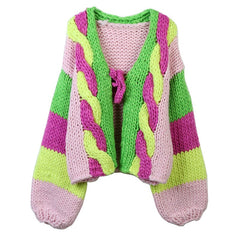 Colorful Long Sleeved V-Neck Loose Knit Cardigan