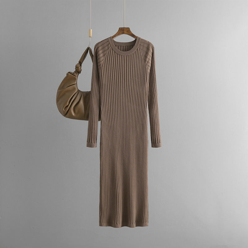 Solid Pleated Round Neck Woolen Knitted Dress