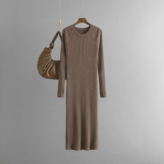 Solid Pleated Round Neck Woolen Knitted Dress