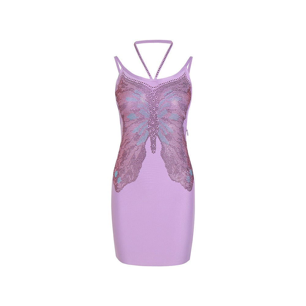 Butterfly Beaded Backless Hanging Neck Bandage Dress