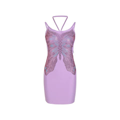 Butterfly Beaded Backless Hanging Neck Bandage Dress