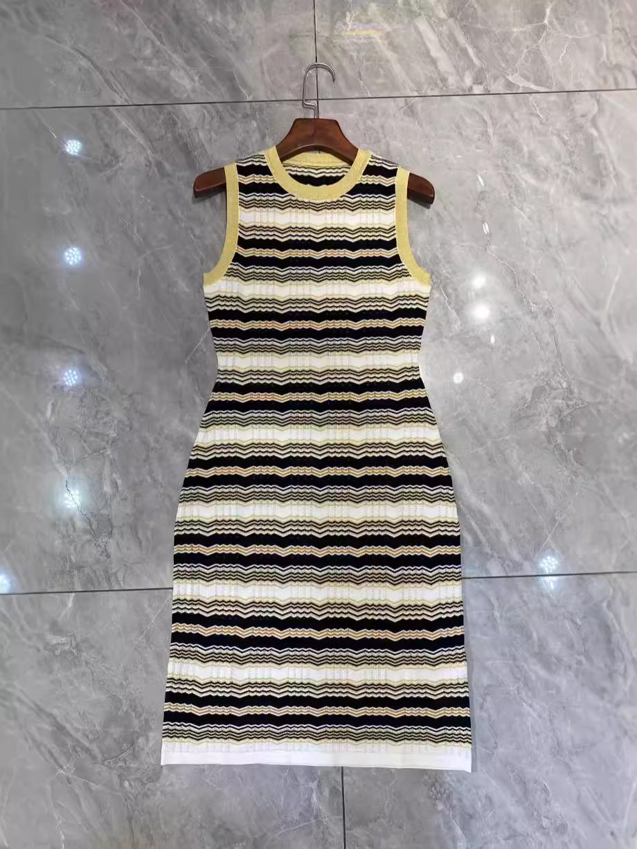 Sleeveless Striped Waist Cinching Jacquard Knitted Dress