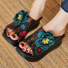 Women Leather Vintage Wedge Slippers