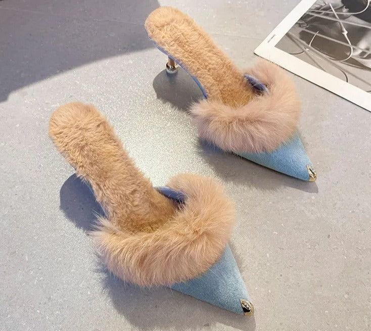 Metal Tip Faux Fur Mules